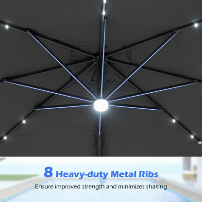 10 FT Cantilever Patio Umbrella with 32 Solar LED Lights and 220 LBS Bas, Gray Outdoor Umbrellas at Gallery Canada