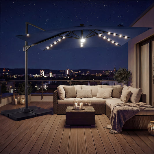 10 FT Cantilever Patio Umbrella with 32 Solar LED Lights and 220 LBS Bas, Dark Blue Outdoor Umbrellas Dark Blue at Gallery Canada