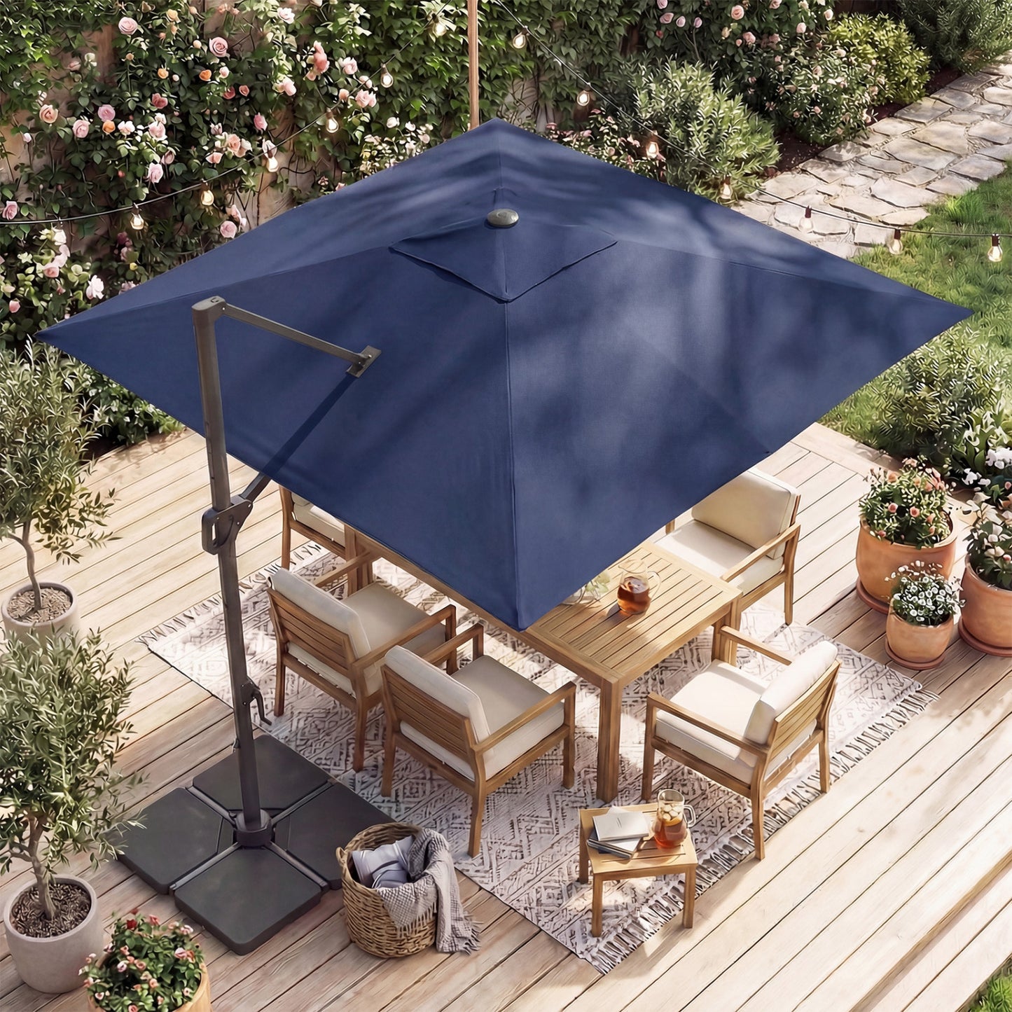 10 FT Cantilever Patio Umbrella with 32 Solar LED Lights and 220 LBS Bas, Dark Blue Outdoor Umbrellas at Gallery Canada