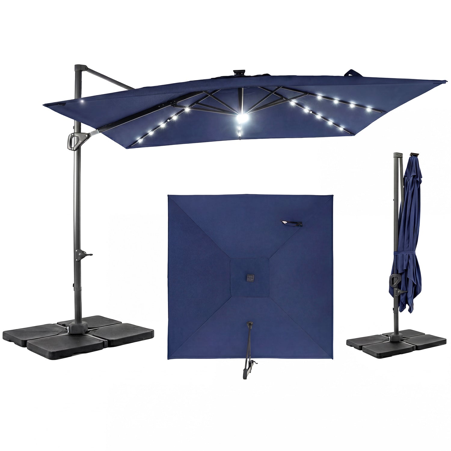 10 FT Cantilever Patio Umbrella with 32 Solar LED Lights and 220 LBS Bas, Dark Blue Outdoor Umbrellas Dark Blue at Gallery Canada