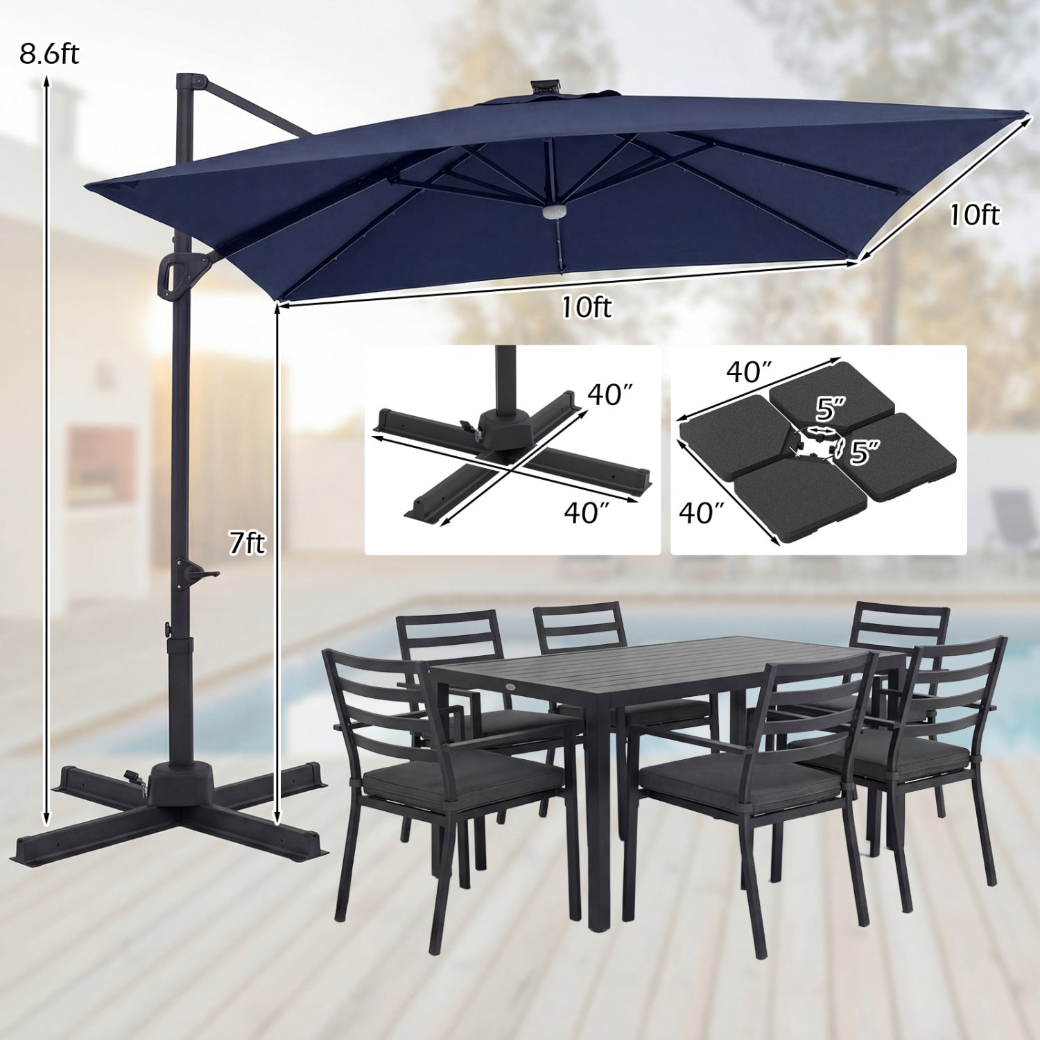 10 FT Cantilever Patio Umbrella with 32 Solar LED Lights and 220 LBS Bas, Dark Blue Outdoor Umbrellas at Gallery Canada