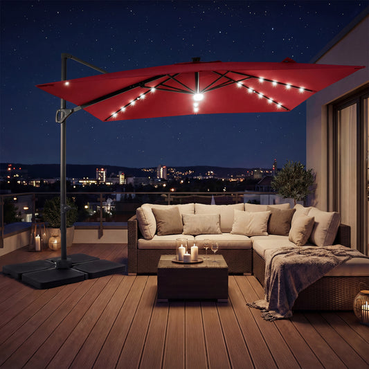 10 FT Cantilever Patio Umbrella with 32 Solar LED Lights and 220 LBS Bas, Red Outdoor Umbrellas Red at Gallery Canada