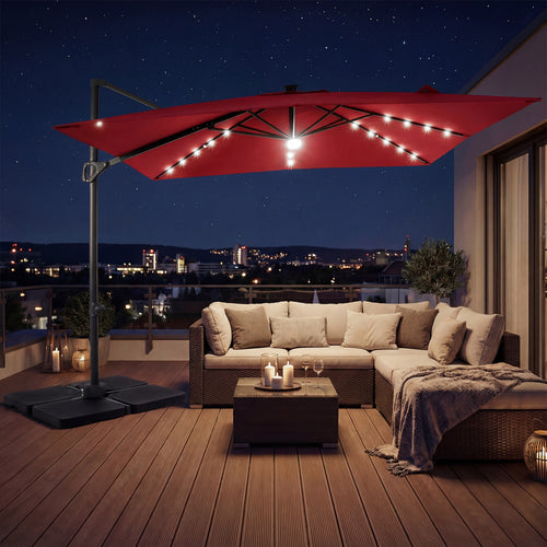 10 FT Cantilever Patio Umbrella with 32 Solar LED Lights and 220 LBS Bas, Red