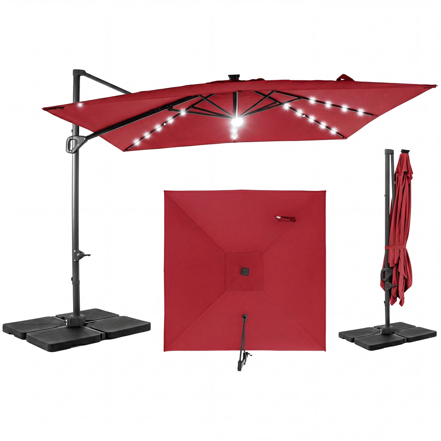 10 FT Cantilever Patio Umbrella with 32 Solar LED Lights and 220 LBS Bas, Red Outdoor Umbrellas at Gallery Canada
