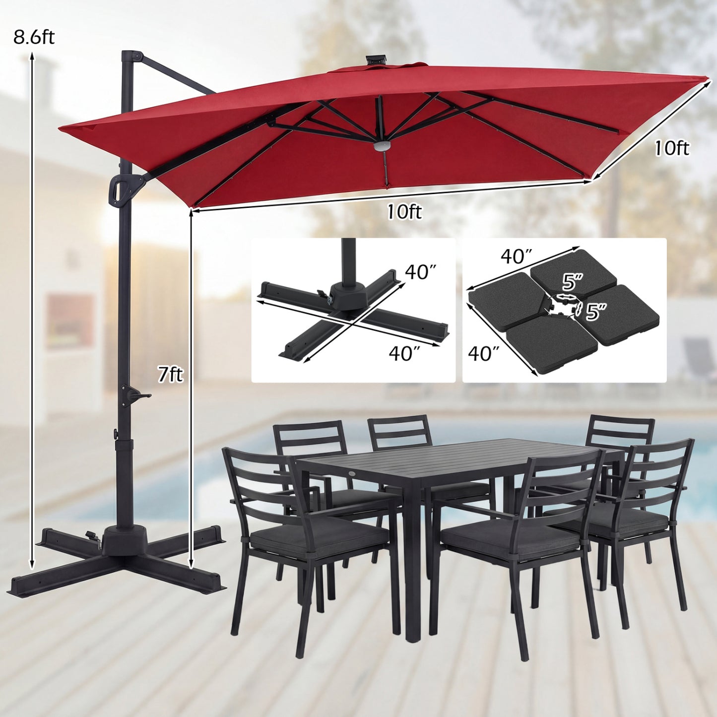 10 FT Cantilever Patio Umbrella with 32 Solar LED Lights and 220 LBS Bas, Red Outdoor Umbrellas at Gallery Canada