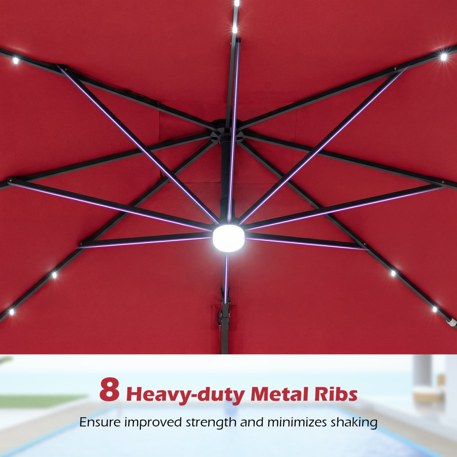 10 FT Cantilever Patio Umbrella with 32 Solar LED Lights and 220 LBS Bas, Red Outdoor Umbrellas at Gallery Canada
