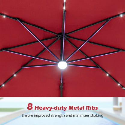 10 FT Cantilever Patio Umbrella with 32 Solar LED Lights and 220 LBS Bas, Red Outdoor Umbrellas at Gallery Canada