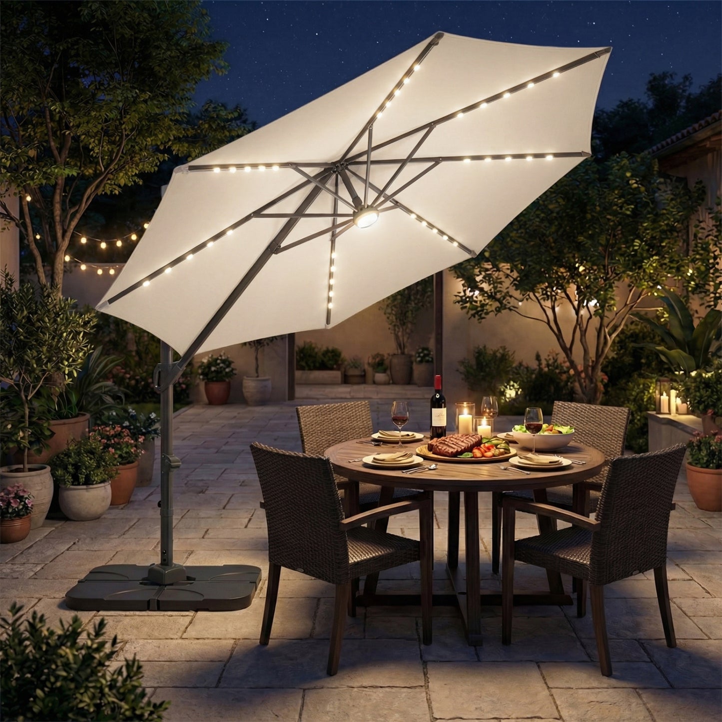 10 FT Cantilever Patio Umbrella with 35 Solar LED Lights and 220 LBS Base, Beige Outdoor Umbrellas at Gallery Canada