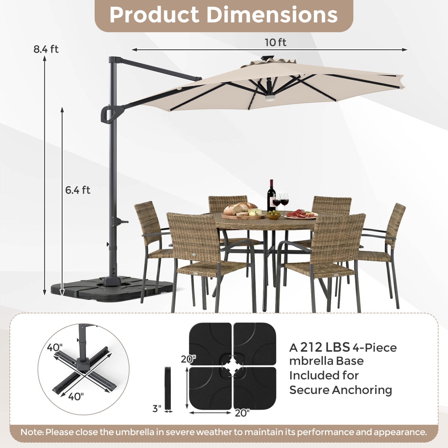 10 FT Cantilever Patio Umbrella with 35 Solar LED Lights and 220 LBS Base, Beige Outdoor Umbrellas at Gallery Canada