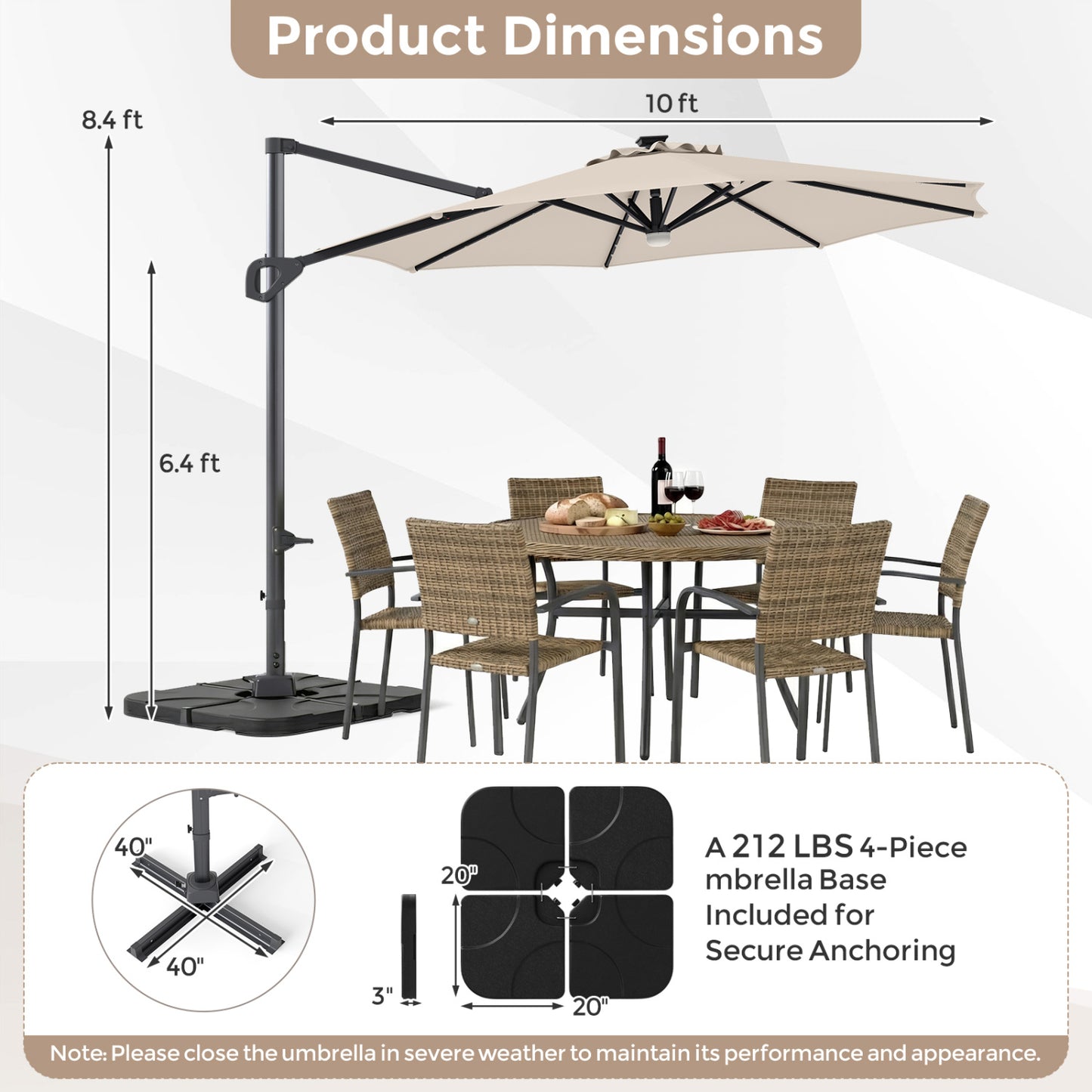10 FT Cantilever Patio Umbrella with 35 Solar LED Lights and 220 LBS Base, Beige Outdoor Umbrellas at Gallery Canada
