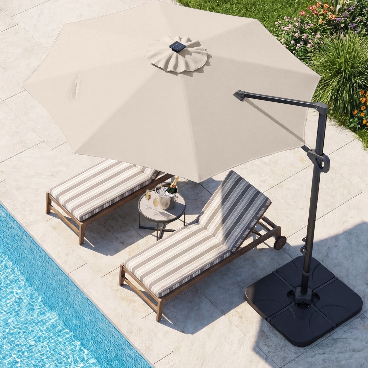 10 FT Cantilever Patio Umbrella with 35 Solar LED Lights and 220 LBS Base, Beige Outdoor Umbrellas at Gallery Canada