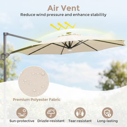 10 FT Cantilever Patio Umbrella with 35 Solar LED Lights and 220 LBS Base, Beige Outdoor Umbrellas at Gallery Canada