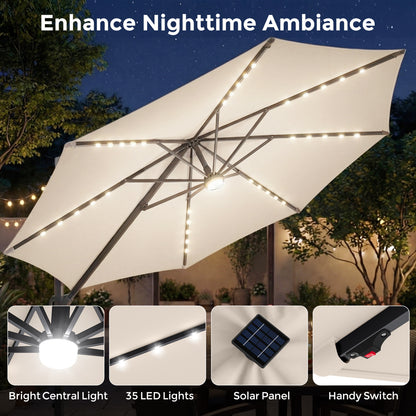 10 FT Cantilever Patio Umbrella with 35 Solar LED Lights and 220 LBS Base, Beige Outdoor Umbrellas at Gallery Canada