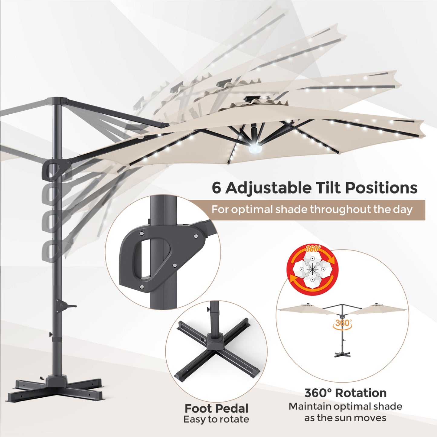 10 FT Cantilever Patio Umbrella with 35 Solar LED Lights and 220 LBS Base, Beige Outdoor Umbrellas at Gallery Canada