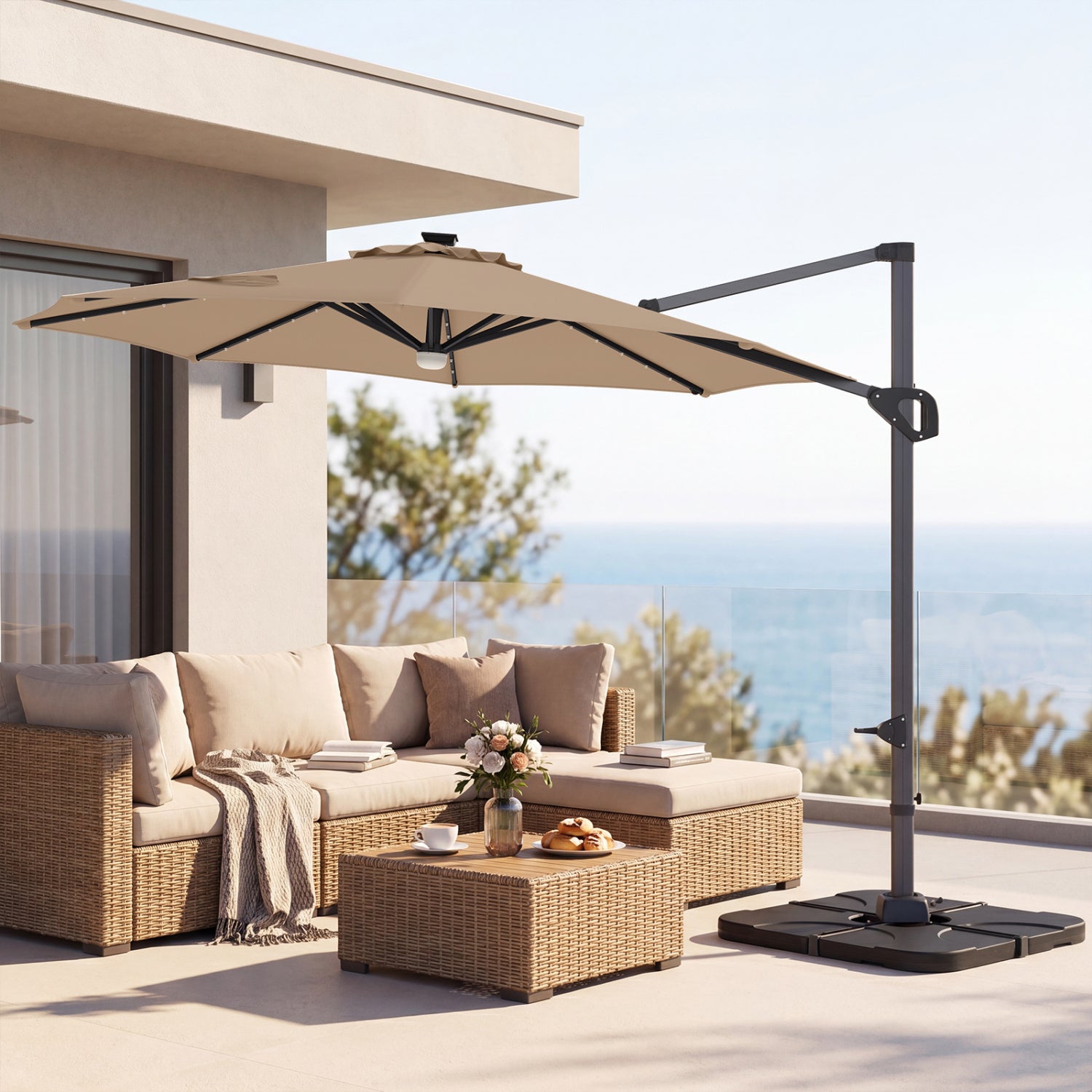 10 FT Cantilever Patio Umbrella with 35 Solar LED Lights and 220 LBS Base, Brown Outdoor Umbrellas at Gallery Canada
