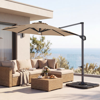 10 FT Cantilever Patio Umbrella with 35 Solar LED Lights and 220 LBS Base, Brown Outdoor Umbrellas at Gallery Canada