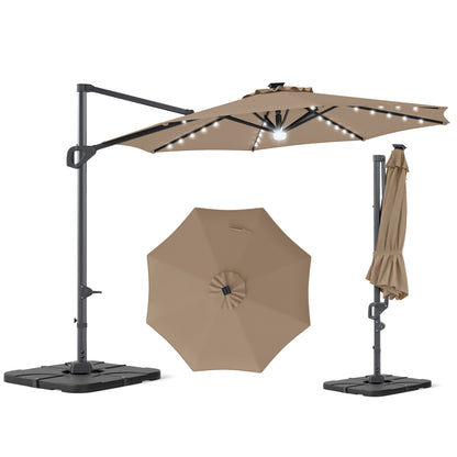 10 FT Cantilever Patio Umbrella with 35 Solar LED Lights and 220 LBS Base, Brown Outdoor Umbrellas Brown at Gallery Canada