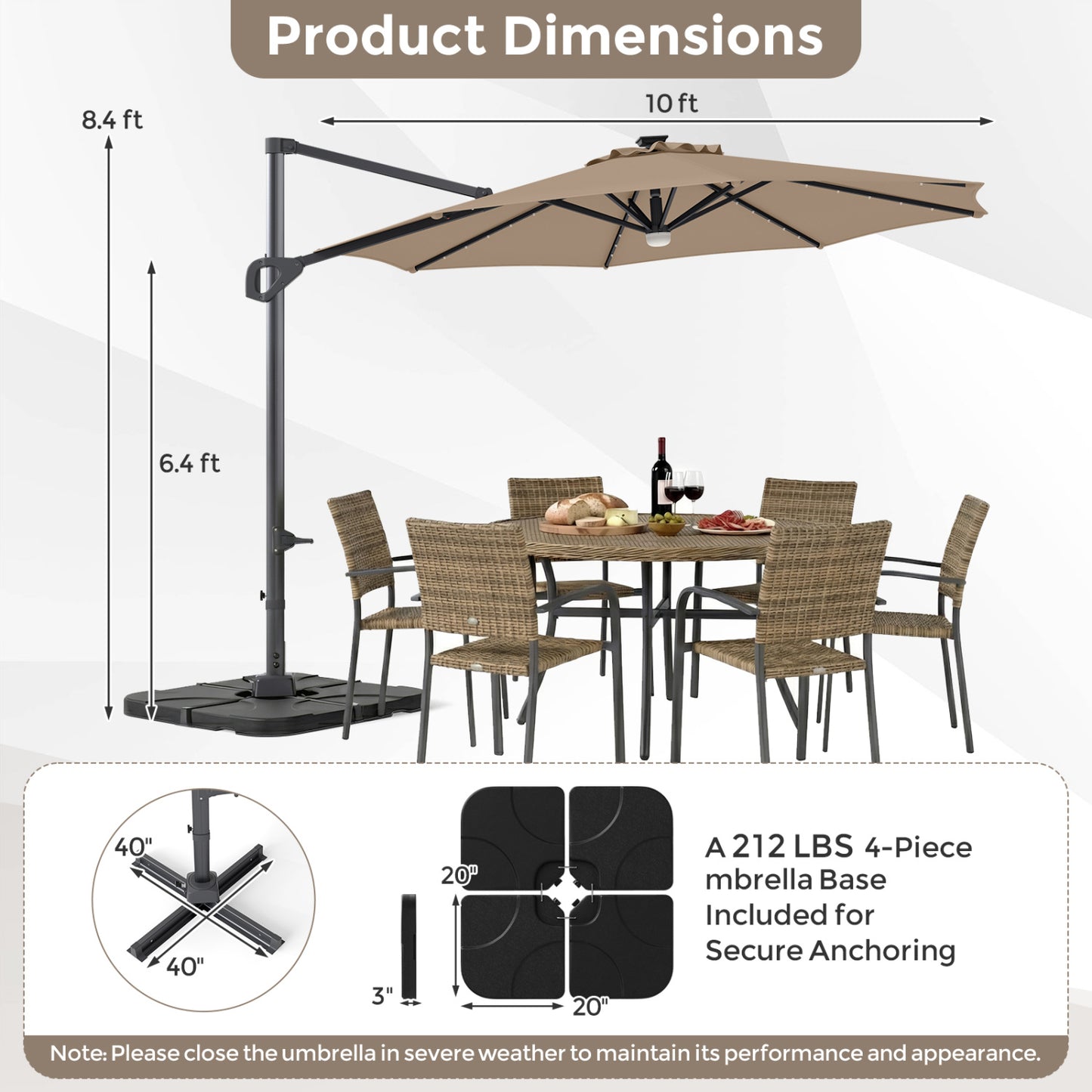 10 FT Cantilever Patio Umbrella with 35 Solar LED Lights and 220 LBS Base, Brown Outdoor Umbrellas at Gallery Canada