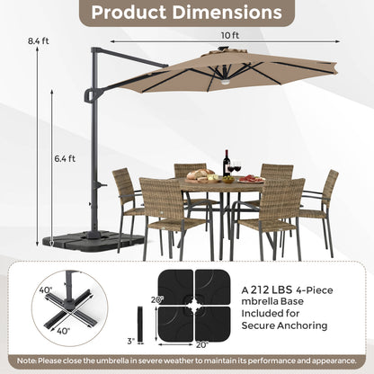 10 FT Cantilever Patio Umbrella with 35 Solar LED Lights and 220 LBS Base, Brown Outdoor Umbrellas at Gallery Canada