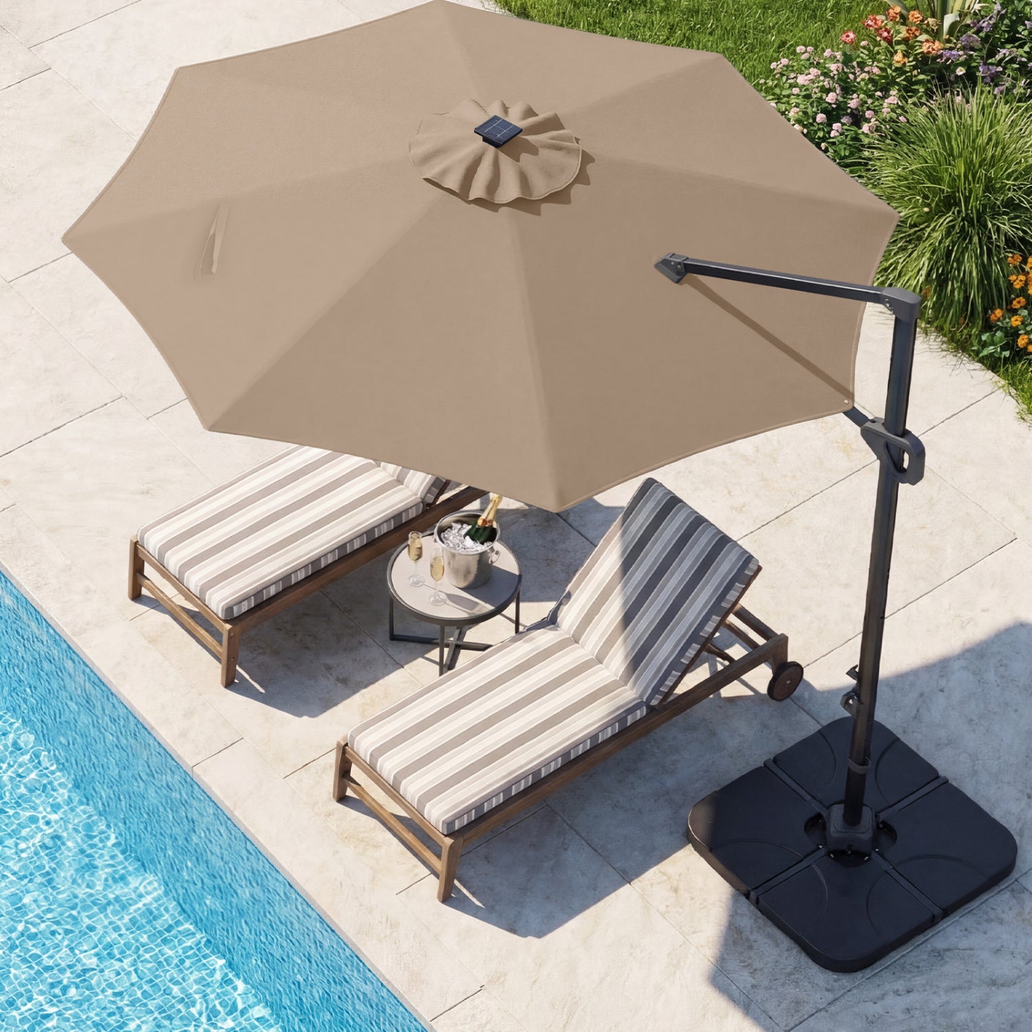 10 FT Cantilever Patio Umbrella with 35 Solar LED Lights and 220 LBS Base, Brown Outdoor Umbrellas at Gallery Canada