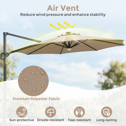 10 FT Cantilever Patio Umbrella with 35 Solar LED Lights and 220 LBS Base, Brown Outdoor Umbrellas at Gallery Canada