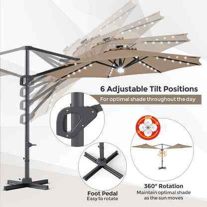 10 FT Cantilever Patio Umbrella with 35 Solar LED Lights and 220 LBS Base, Brown Outdoor Umbrellas at Gallery Canada
