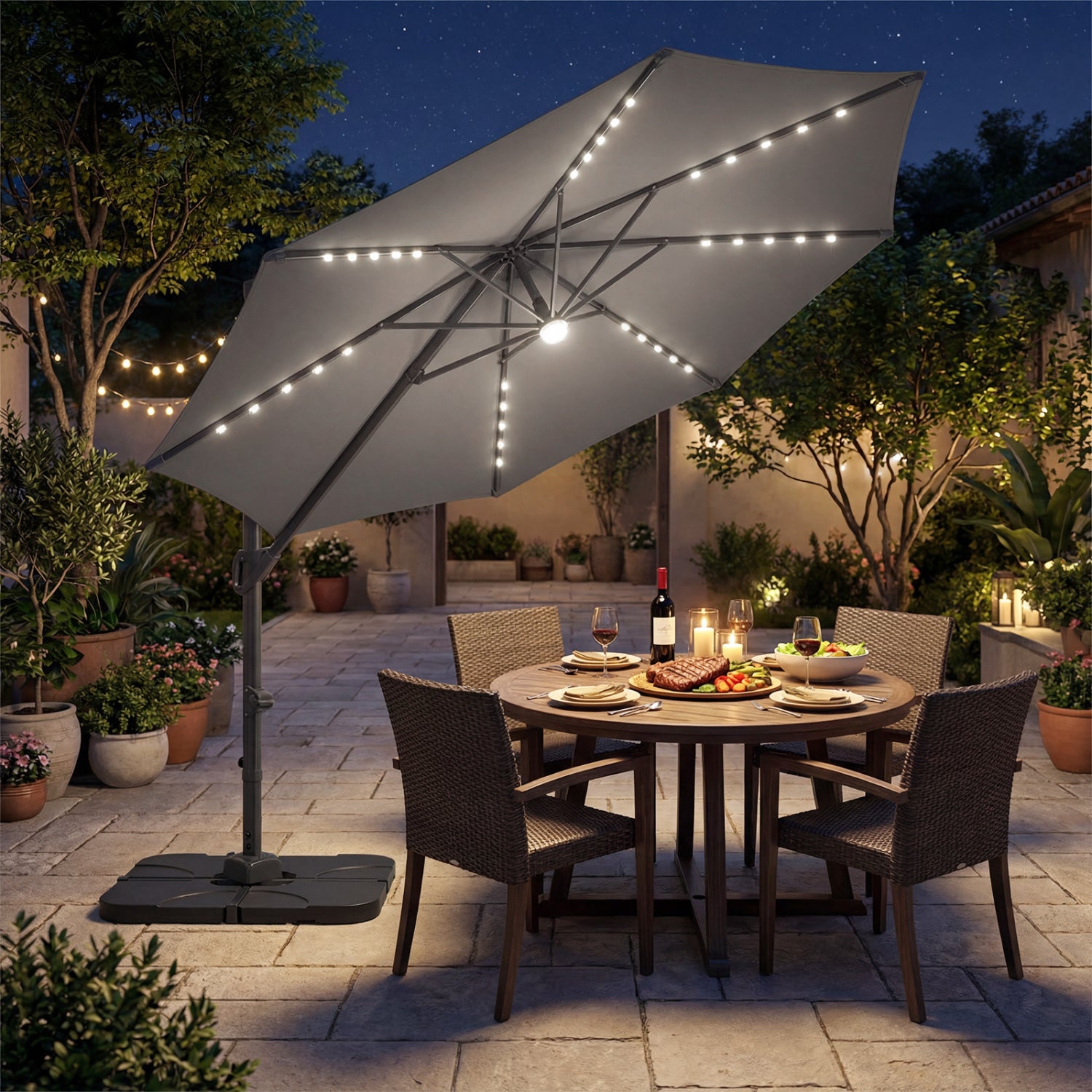 10 FT Cantilever Patio Umbrella with 35 Solar LED Lights and 220 LBS Base, Gray Outdoor Umbrellas at Gallery Canada