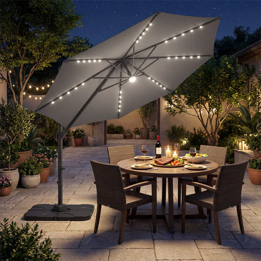 10 FT Cantilever Patio Umbrella with 35 Solar LED Lights and 220 LBS Base, Gray Outdoor Umbrellas Gray at Gallery Canada