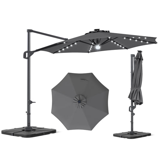 10 FT Cantilever Patio Umbrella with 35 Solar LED Lights and 220 LBS Base, Gray Outdoor Umbrellas Gray at Gallery Canada