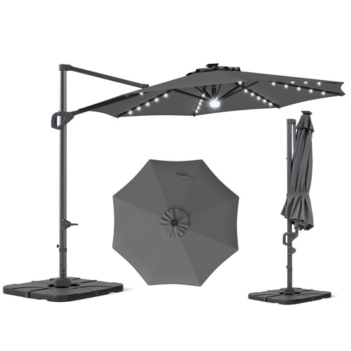 10 FT Cantilever Patio Umbrella with 35 Solar LED Lights and 220 LBS Base, Gray
