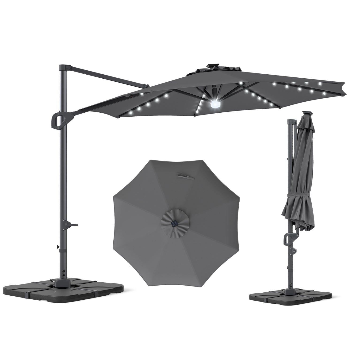 10 FT Cantilever Patio Umbrella with 35 Solar LED Lights and 220 LBS Base, Gray Outdoor Umbrellas at Gallery Canada