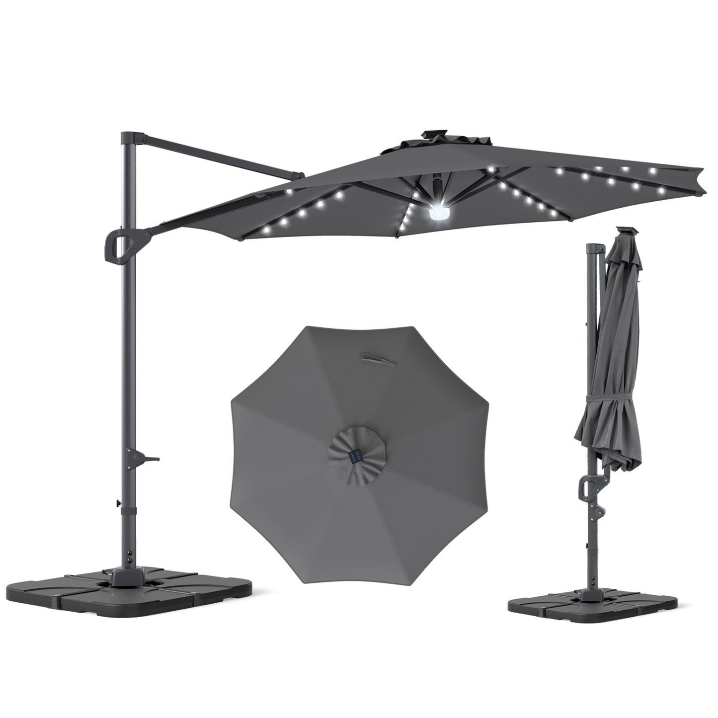 10 FT Cantilever Patio Umbrella with 35 Solar LED Lights and 220 LBS Base, Gray Outdoor Umbrellas at Gallery Canada