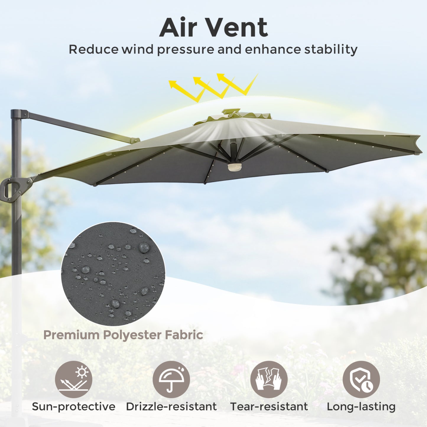 10 FT Cantilever Patio Umbrella with 35 Solar LED Lights and 220 LBS Base, Gray Outdoor Umbrellas at Gallery Canada