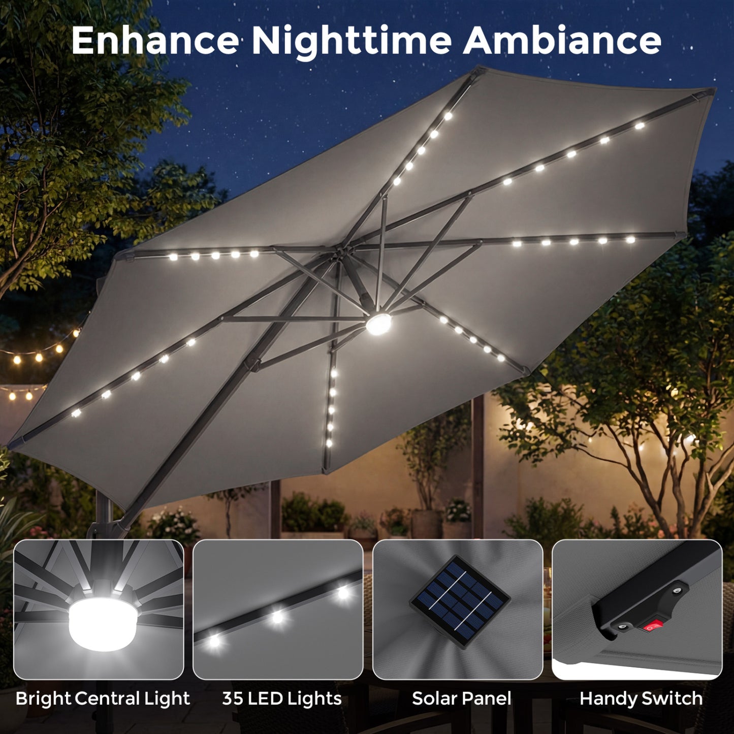 10 FT Cantilever Patio Umbrella with 35 Solar LED Lights and 220 LBS Base, Gray Outdoor Umbrellas at Gallery Canada