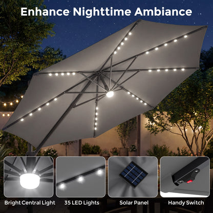 10 FT Cantilever Patio Umbrella with 35 Solar LED Lights and 220 LBS Base, Gray Outdoor Umbrellas at Gallery Canada