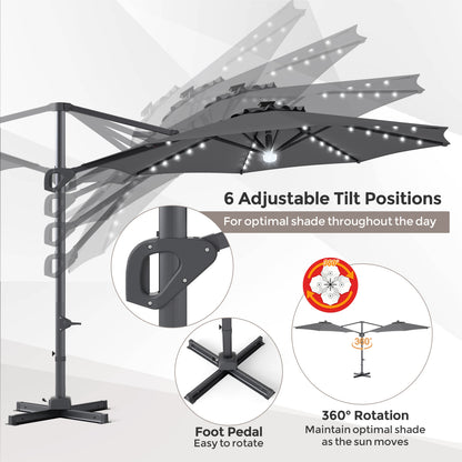 10 FT Cantilever Patio Umbrella with 35 Solar LED Lights and 220 LBS Base, Gray Outdoor Umbrellas at Gallery Canada
