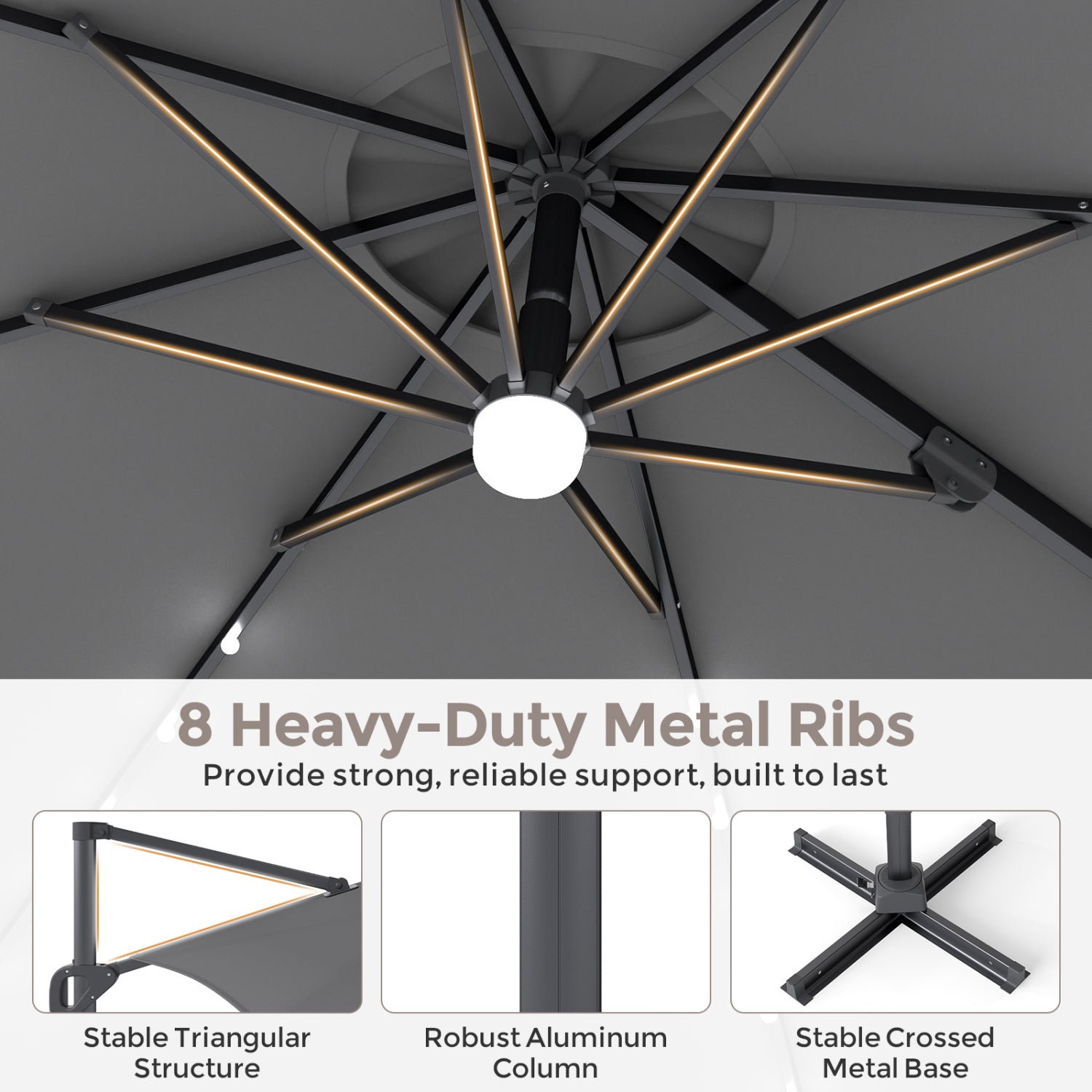 10 FT Cantilever Patio Umbrella with 35 Solar LED Lights and 220 LBS Base, Gray Outdoor Umbrellas at Gallery Canada