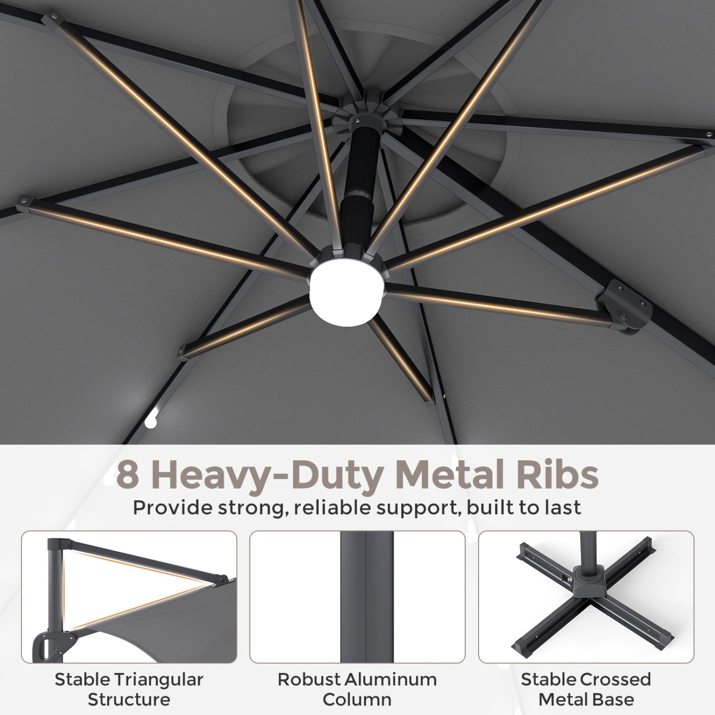 10 FT Cantilever Patio Umbrella with 35 Solar LED Lights and 220 LBS Base, Gray Outdoor Umbrellas at Gallery Canada