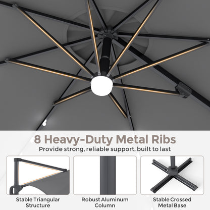 10 FT Cantilever Patio Umbrella with 35 Solar LED Lights and 220 LBS Base, Gray Outdoor Umbrellas at Gallery Canada