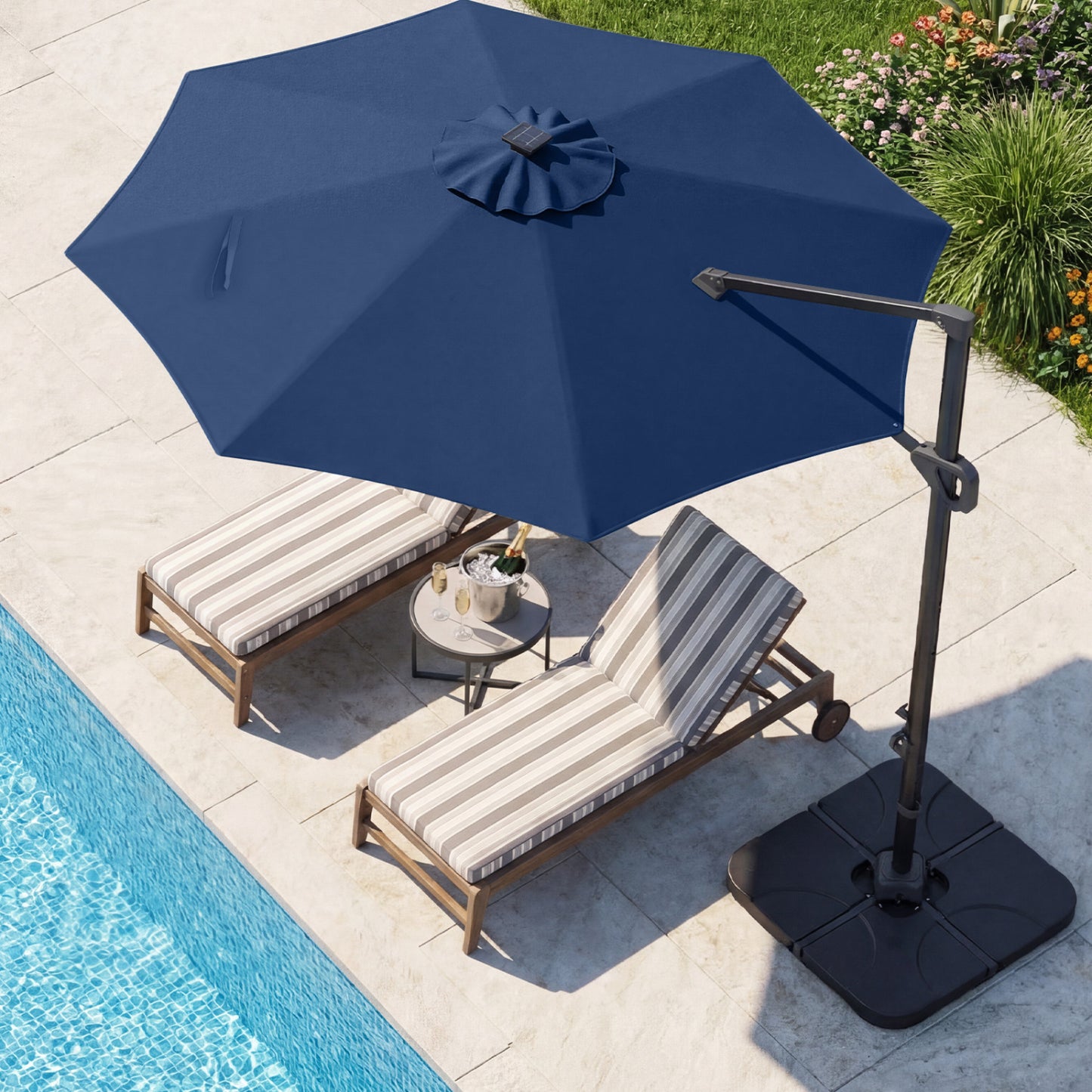 10 FT Cantilever Patio Umbrella with 35 Solar LED Lights and 220 LBS Base, Dark Blue Outdoor Umbrellas at Gallery Canada