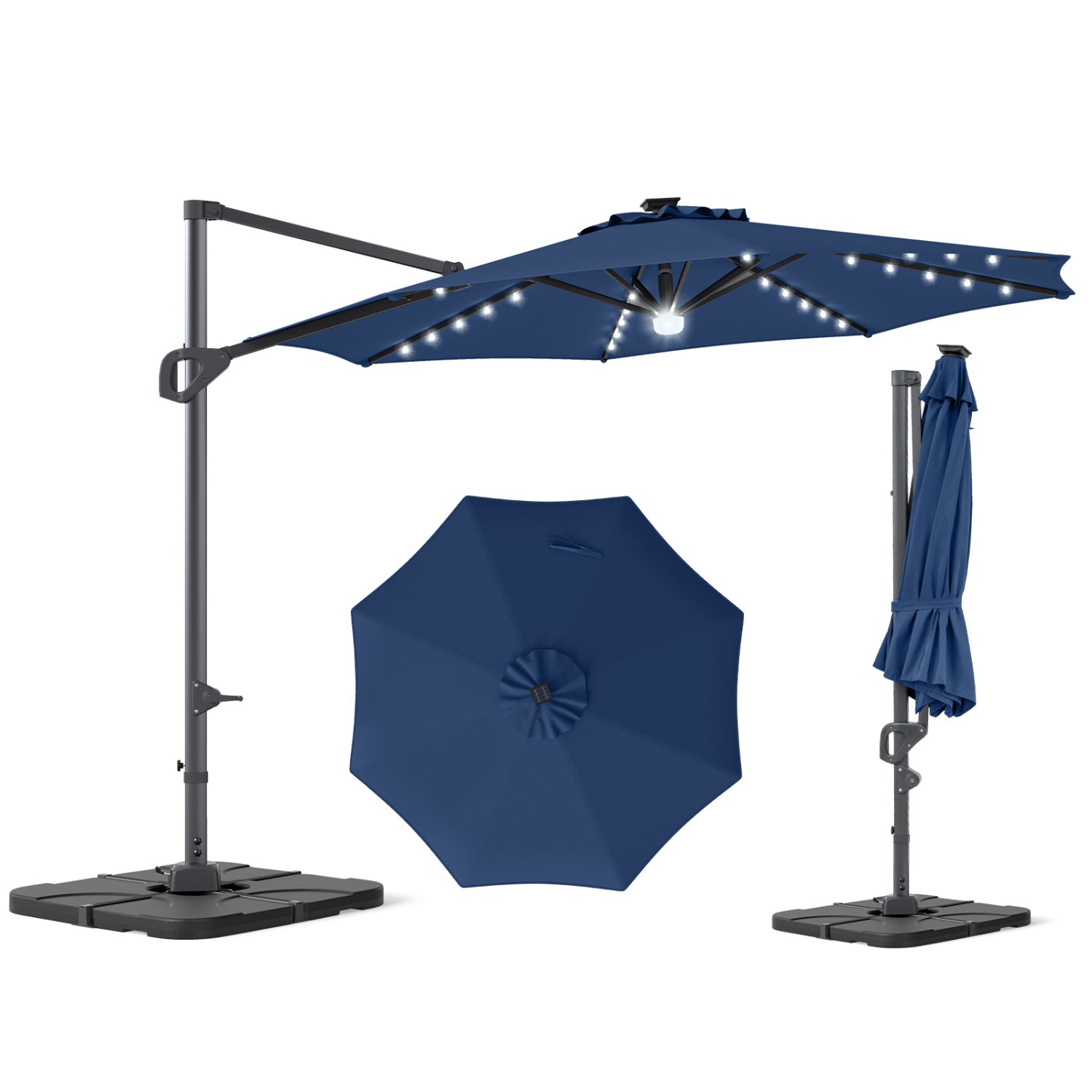 10 FT Cantilever Patio Umbrella with 35 Solar LED Lights and 220 LBS Base, Dark Blue Outdoor Umbrellas at Gallery Canada