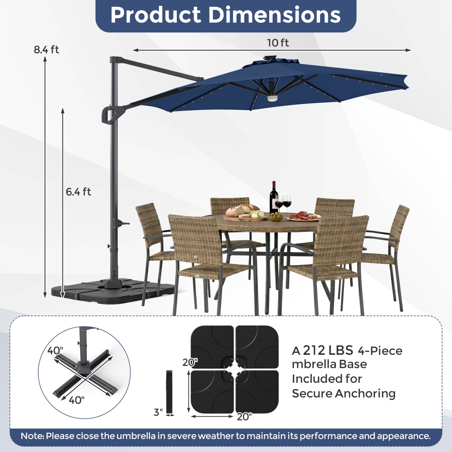 10 FT Cantilever Patio Umbrella with 35 Solar LED Lights and 220 LBS Base, Dark Blue Outdoor Umbrellas at Gallery Canada
