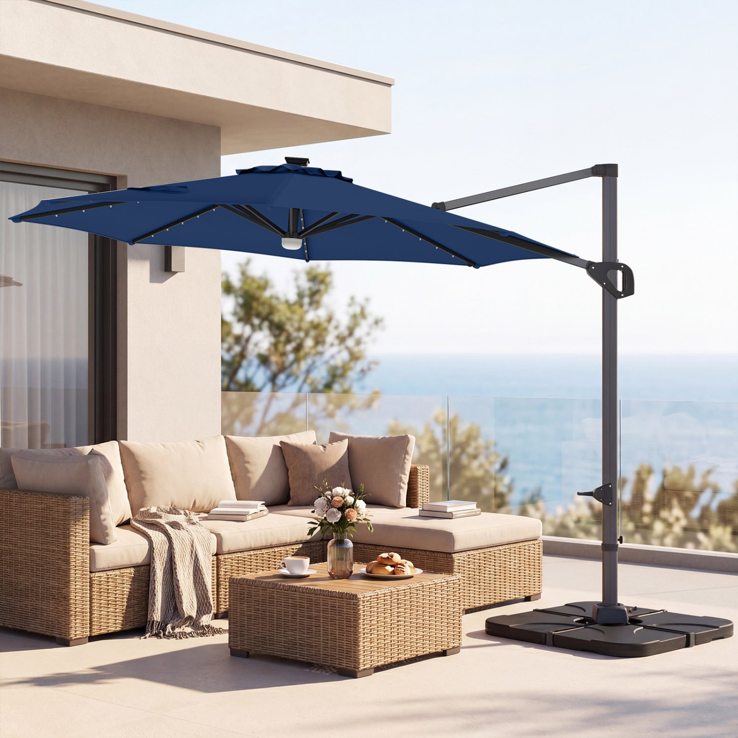 10 FT Cantilever Patio Umbrella with 35 Solar LED Lights and 220 LBS Base, Dark Blue Outdoor Umbrellas at Gallery Canada