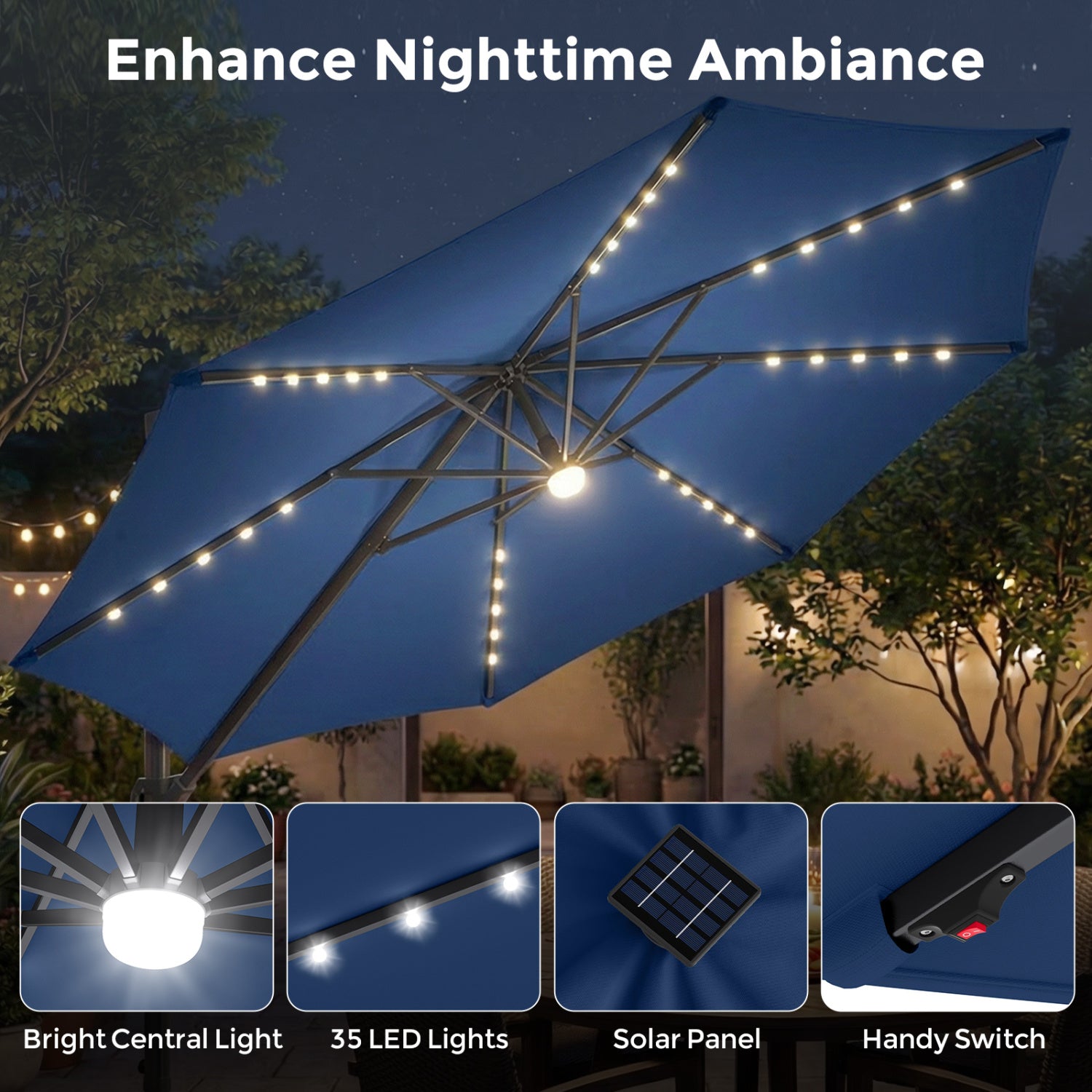 10 FT Cantilever Patio Umbrella with 35 Solar LED Lights and 220 LBS Base, Dark Blue Outdoor Umbrellas at Gallery Canada