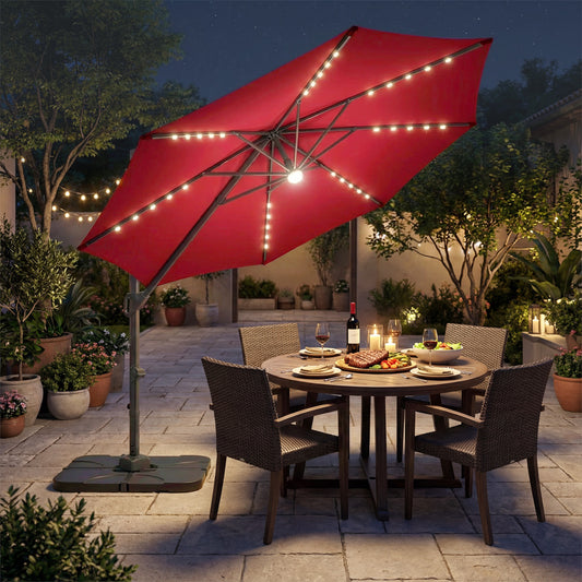 10 FT Cantilever Patio Umbrella with 35 Solar LED Lights and 220 LBS Base, Red Outdoor Umbrellas Red at Gallery Canada