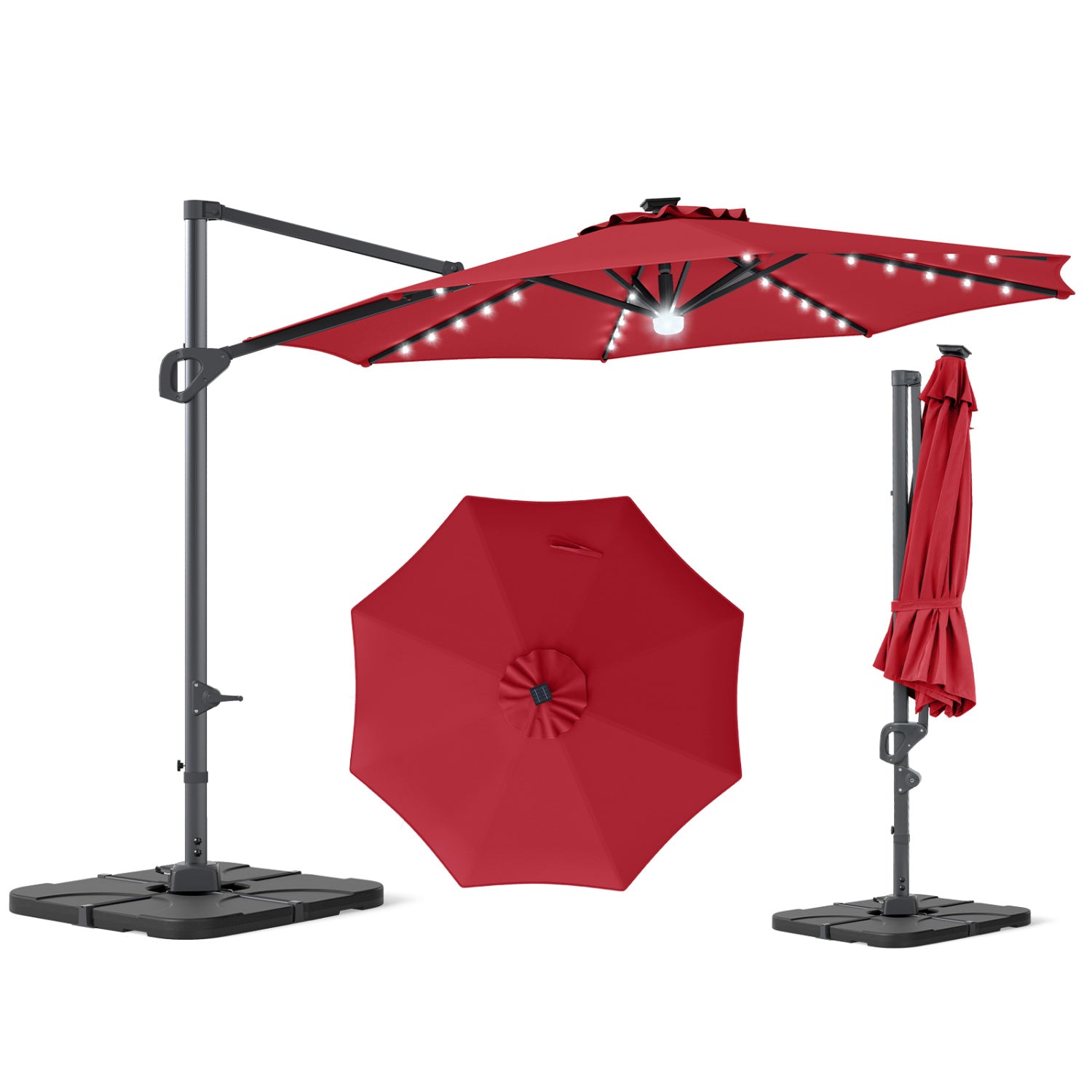 10 FT Cantilever Patio Umbrella with 35 Solar LED Lights and 220 LBS Base, Red Outdoor Umbrellas Red at Gallery Canada