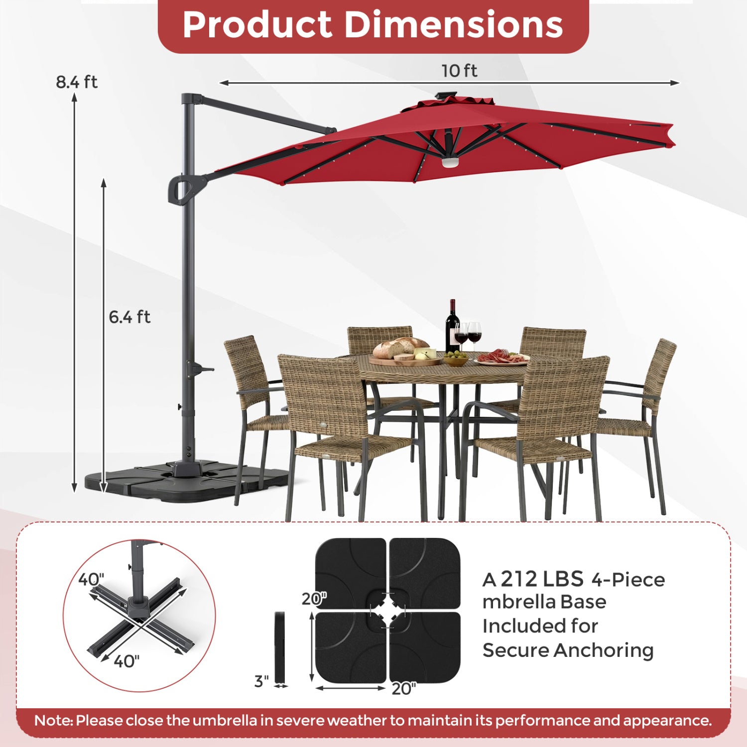 10 FT Cantilever Patio Umbrella with 35 Solar LED Lights and 220 LBS Base, Red Outdoor Umbrellas at Gallery Canada