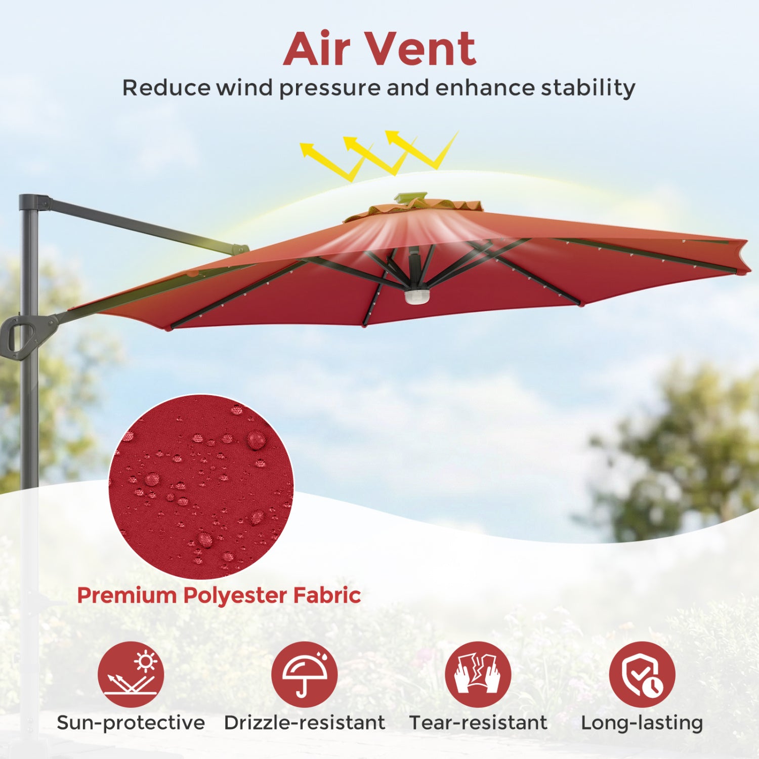 10 FT Cantilever Patio Umbrella with 35 Solar LED Lights and 220 LBS Base, Red Outdoor Umbrellas at Gallery Canada