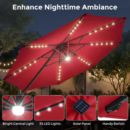 10 FT Cantilever Patio Umbrella with 35 Solar LED Lights and 220 LBS Base, Red Outdoor Umbrellas at Gallery Canada