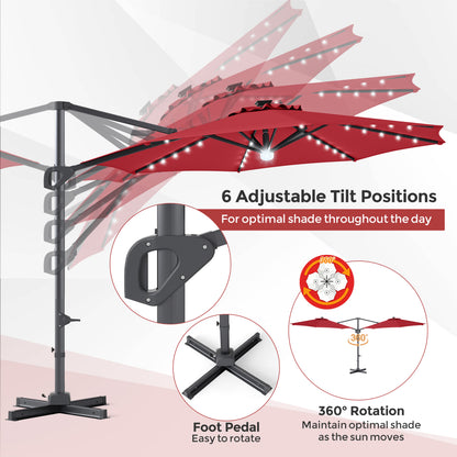 10 FT Cantilever Patio Umbrella with 35 Solar LED Lights and 220 LBS Base, Red Outdoor Umbrellas at Gallery Canada